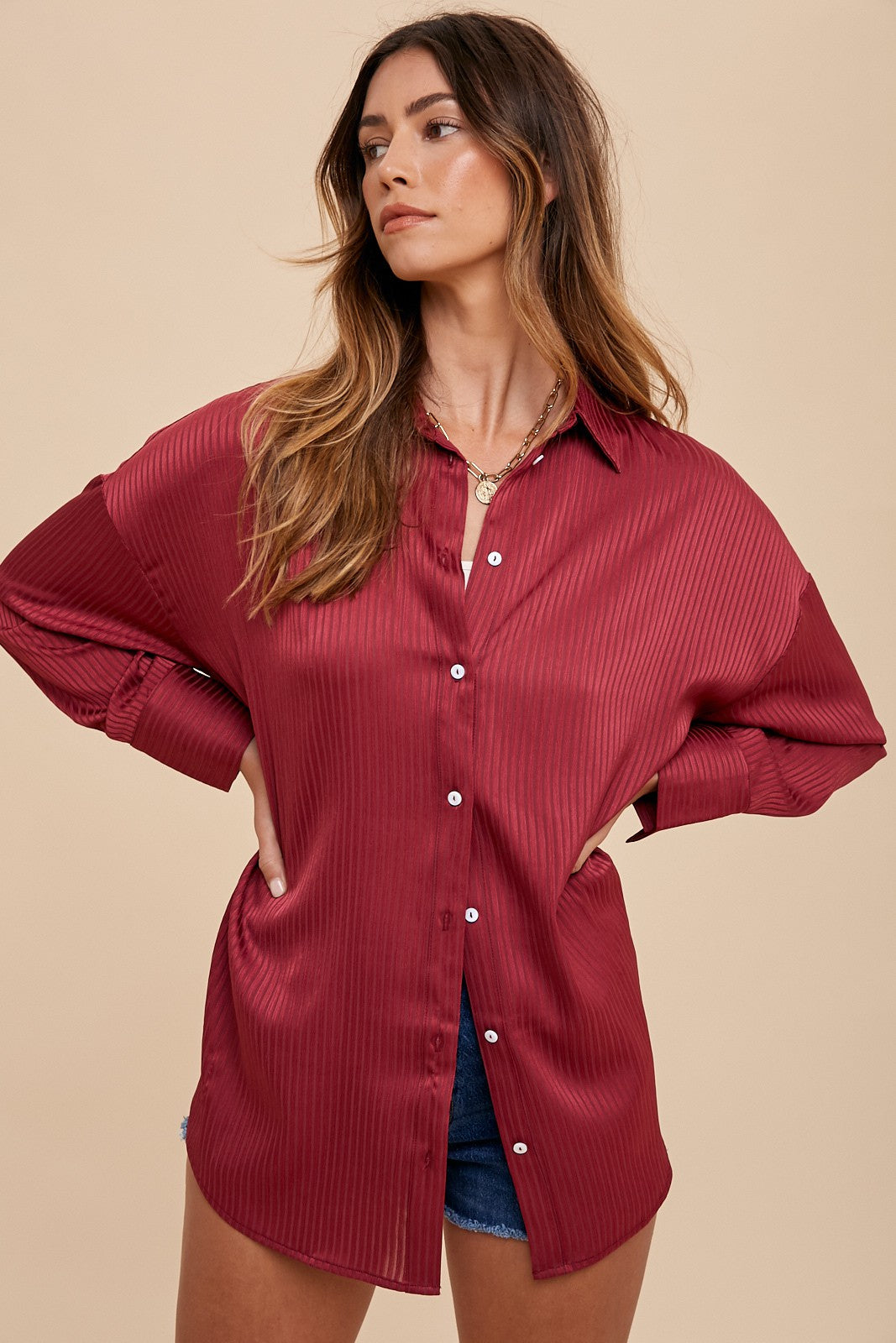 Red satin best sale button up