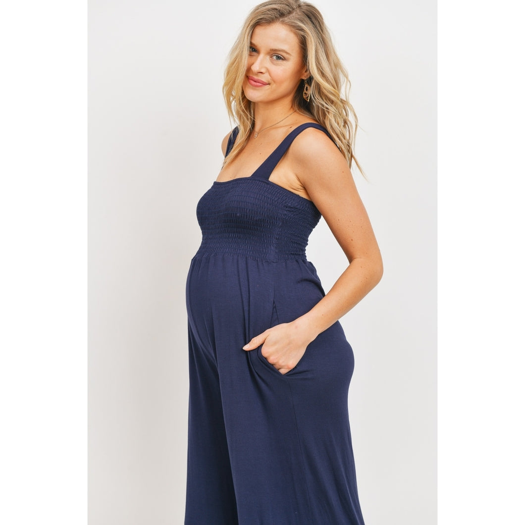 Madelynn Navy Smocked Wide Leg Jumpsuit