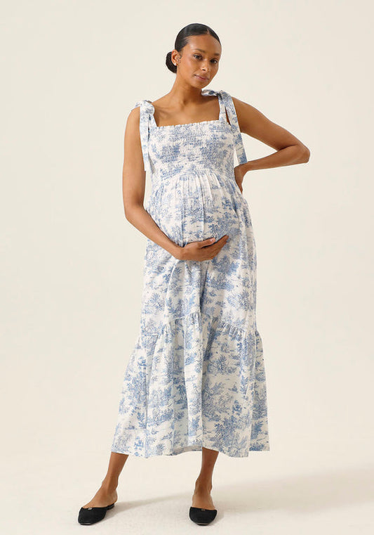 Blue & White Floral Maternity & Nursing Dress